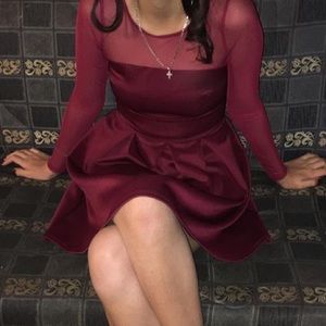 Mesh Sleeved Maroon Dress